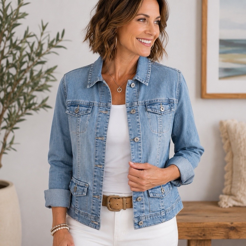 Chicos Platinum Denim Jacket Womens Size 2 Large Light Wash Jean Jacket